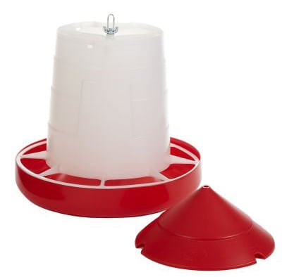 Clear hanging poultry feeder with red base and spare red lid