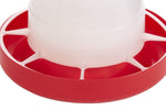 Red circular feeder base with inner feed ports for poultry