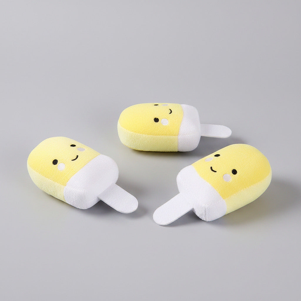 Yellow and white plush dog toy with squeaker, anti-stuffing chew shape
