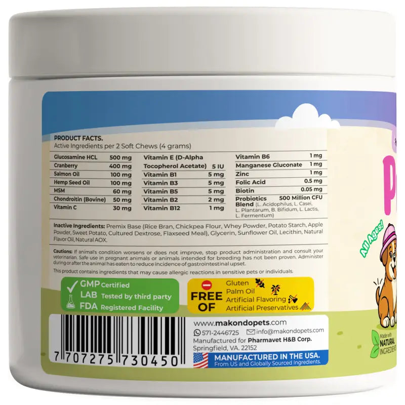 Dog prenatal vitamin soft chew bottle with ingredient facts panel, white and blue