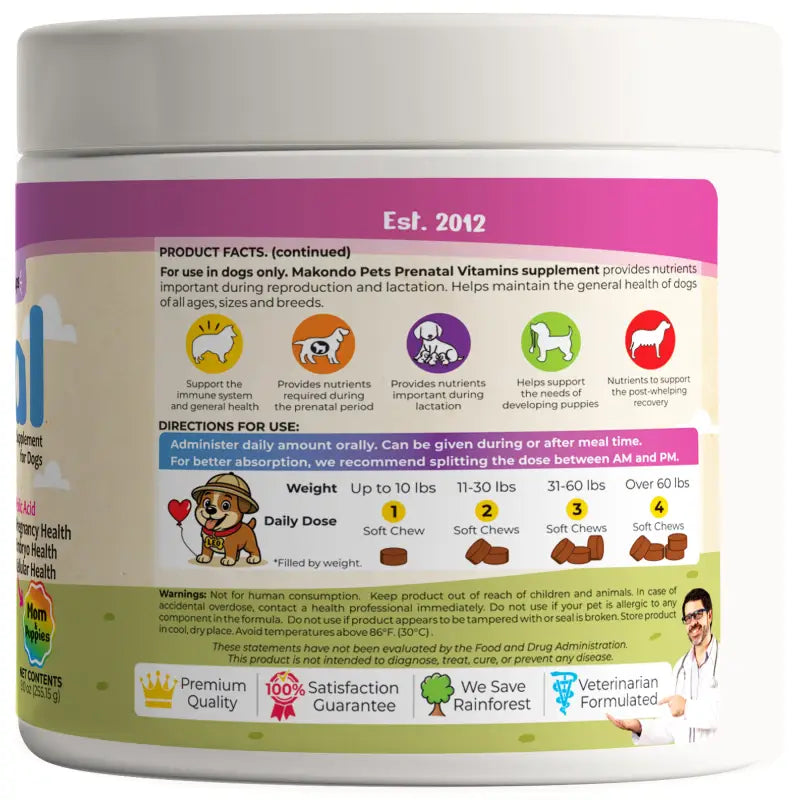 Dog Prenatal Vitamins back label facts panel with directions, ingredients, and guarantees