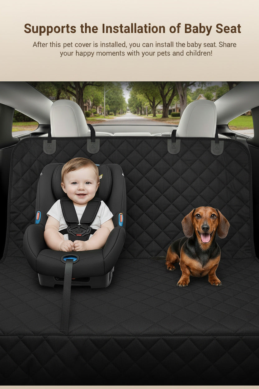 Black quilted car seat cover with baby car seat and a dog on the bench