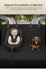 Black quilted car seat cover with baby car seat and a dog on the bench