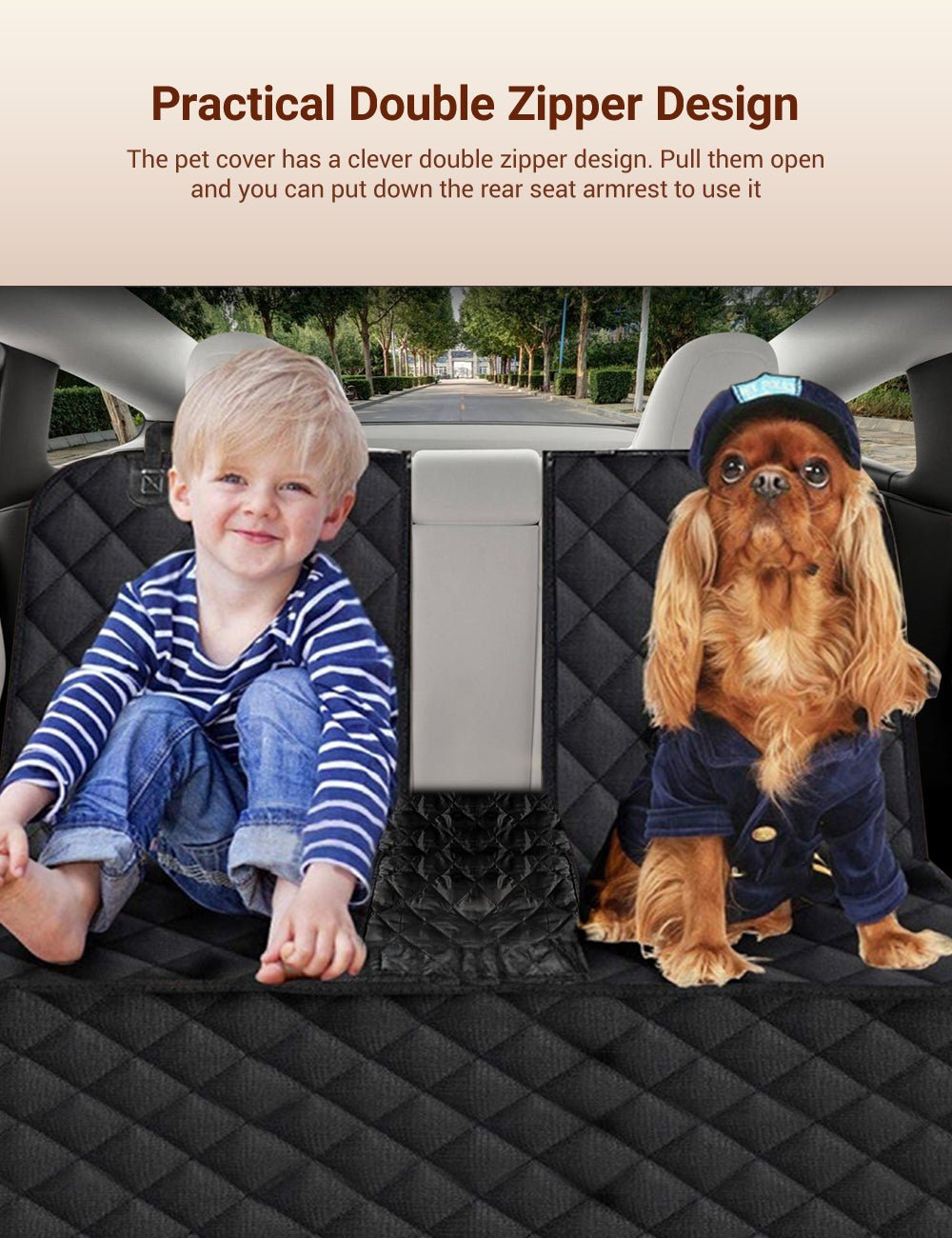Black quilted pet seat cover with double zipper opening on car rear bench