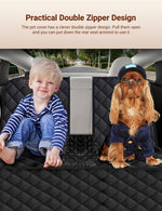 Black quilted pet seat cover with double zipper opening on car rear bench