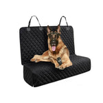 Black quilted dog seat cover with side straps and padded backrest, open for pets