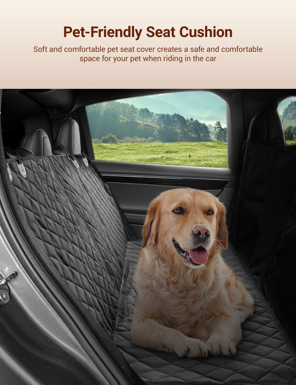 Black quilted pet seat cushion cover in a car with a dog resting on it
