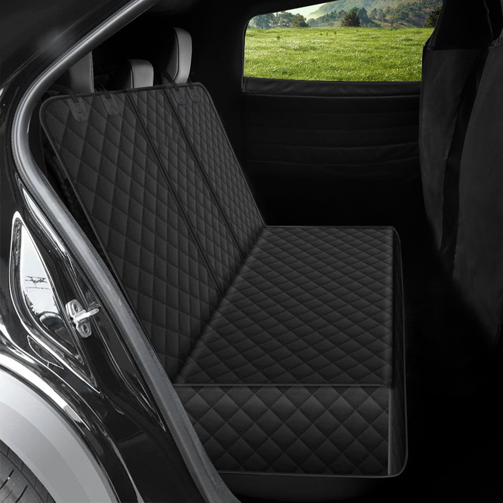 Quilted dark car back-seat dog cover with full seat and headrest protection