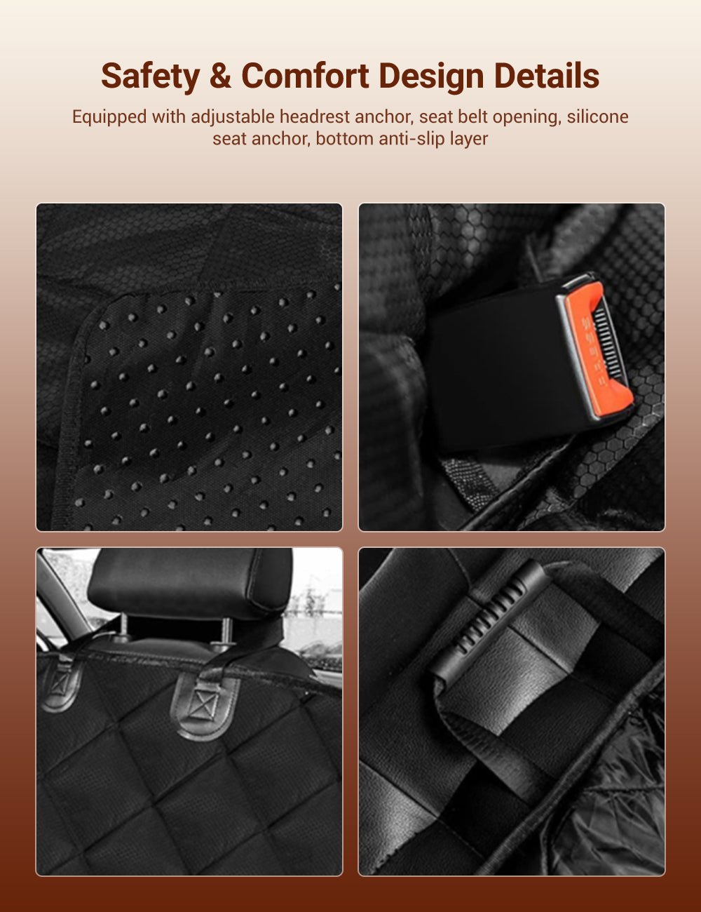 Black pet seat cover detail showing anti-slip dots and adjustable headrest anchor straps