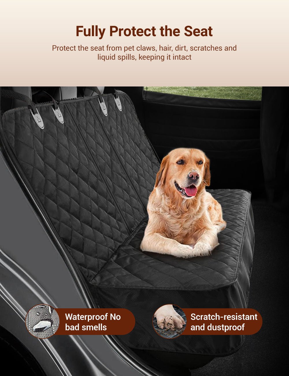 Black waterproof dog seat cover with quilted surface and small dog lying on it