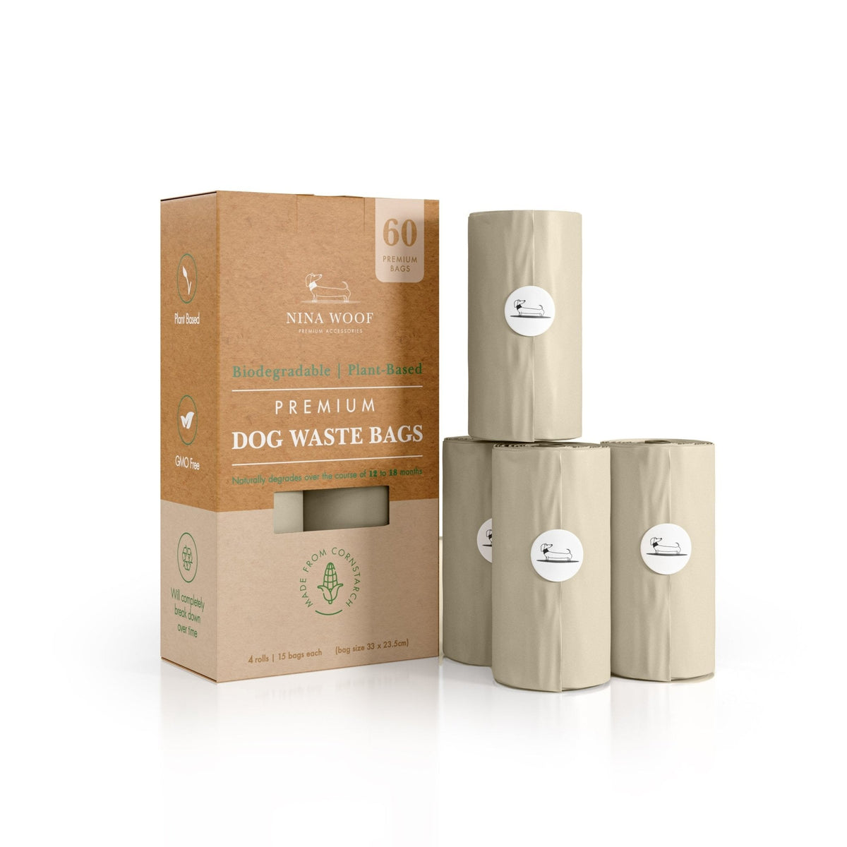 Premium compostable dog waste bag box with three light beige refill rolls