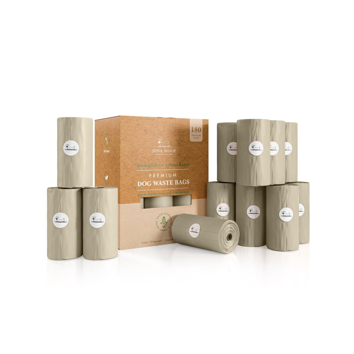 Premium dog waste bag box with folded roll and several light beige refill rolls