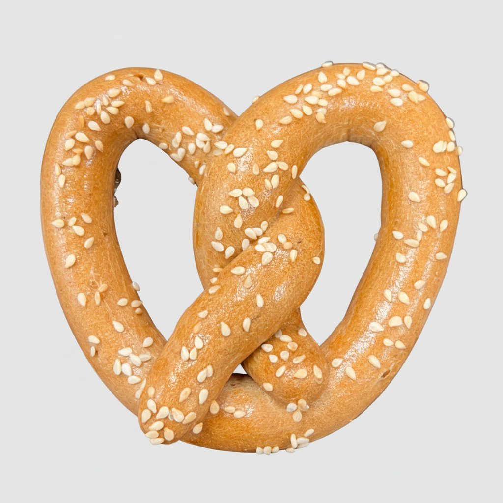 Handmade dog treat pretzel hearts, golden-brown with white sesame-style sprinkles