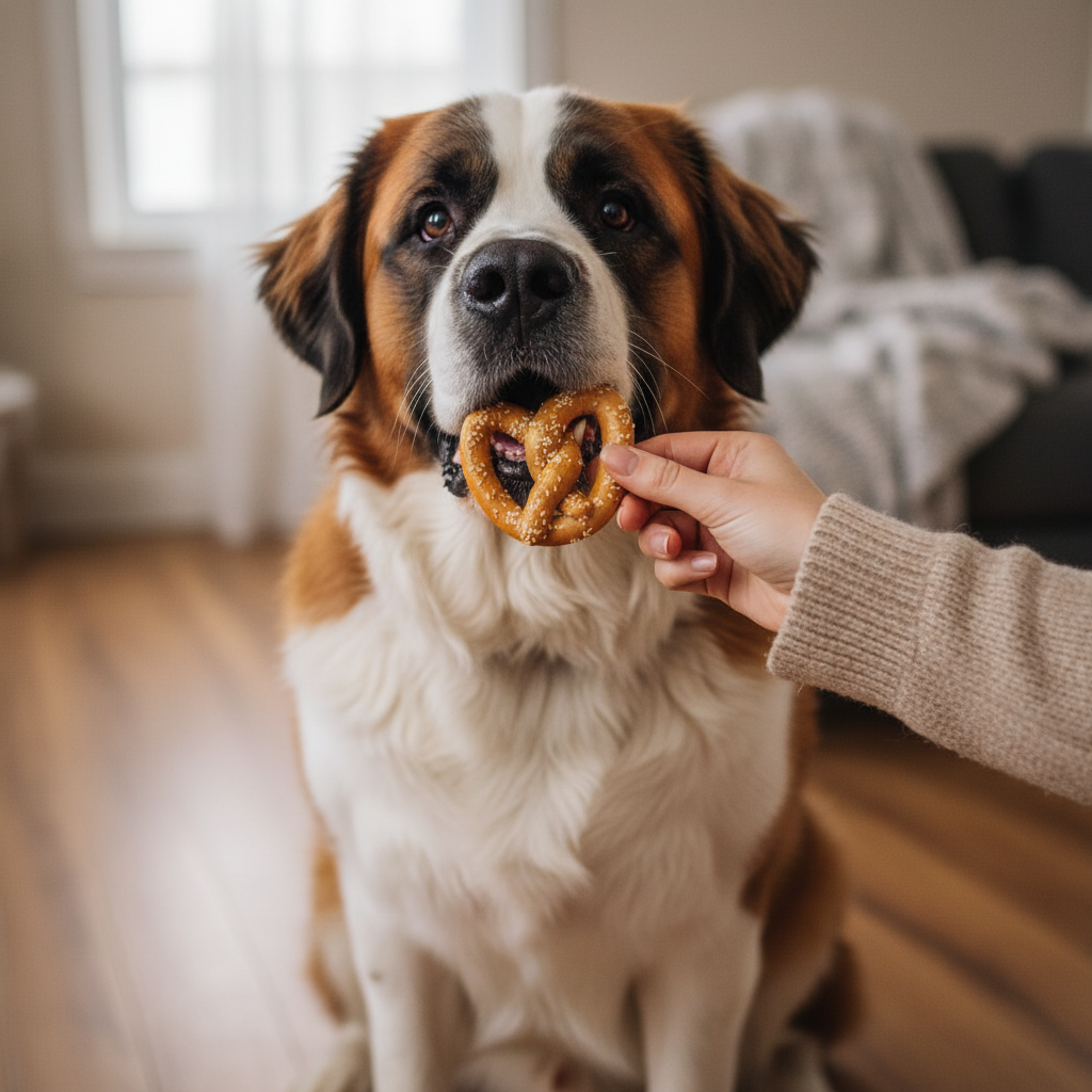 Handmade dog treat pretzel heart offered to a brindle-and-white dog