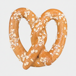 Handmade dog treat pretzel hearts, golden-brown with chunky white seasoning