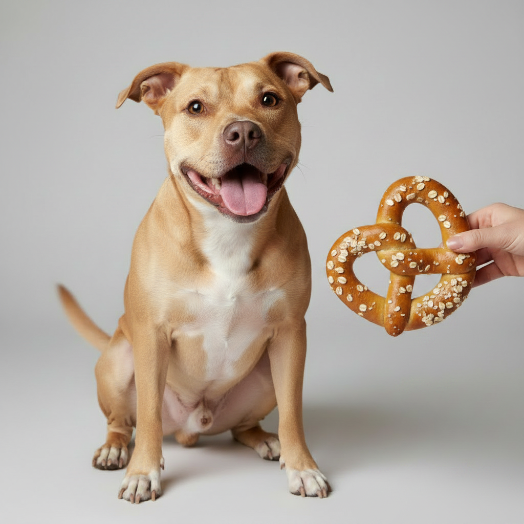 Handmade dog treat pretzel heart held near a tan-and-white dog