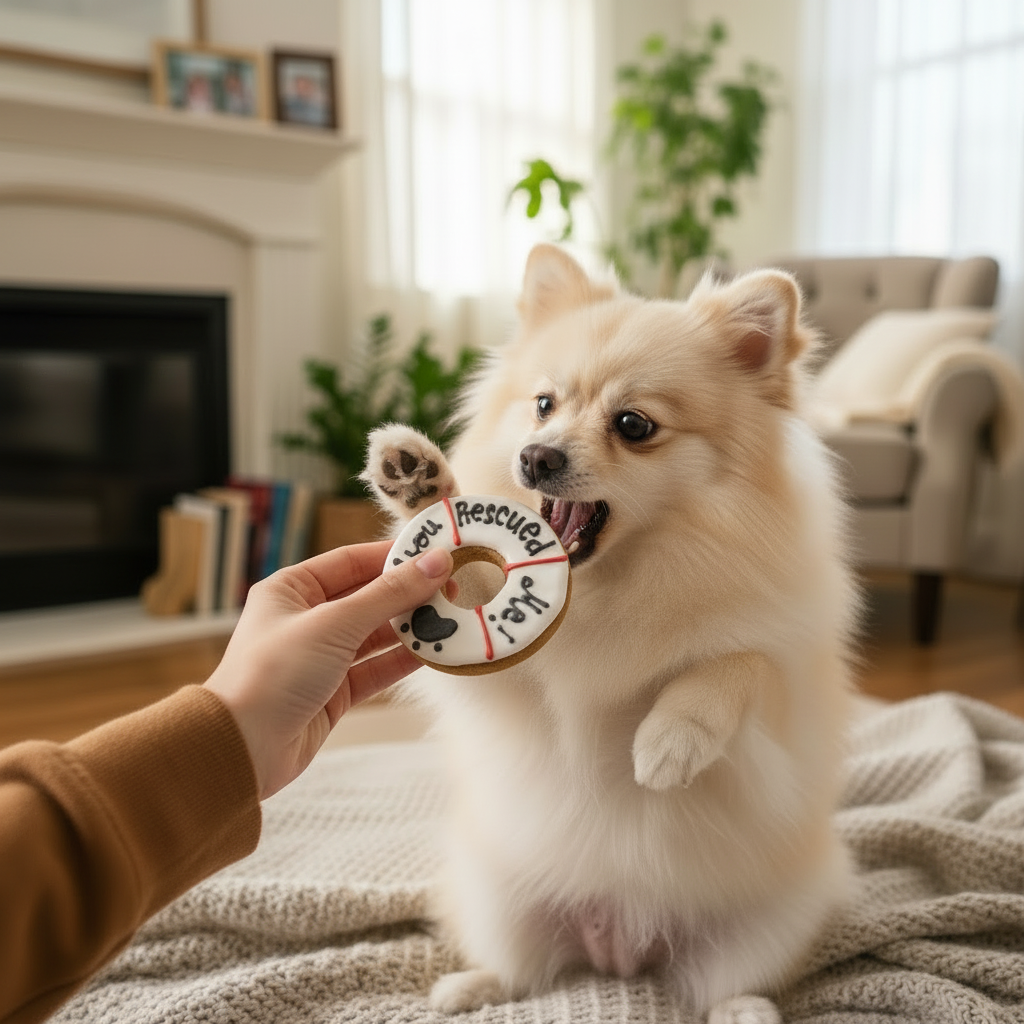 Dog playing with donut-shaped rescue cookie toy held by hand, red and black print