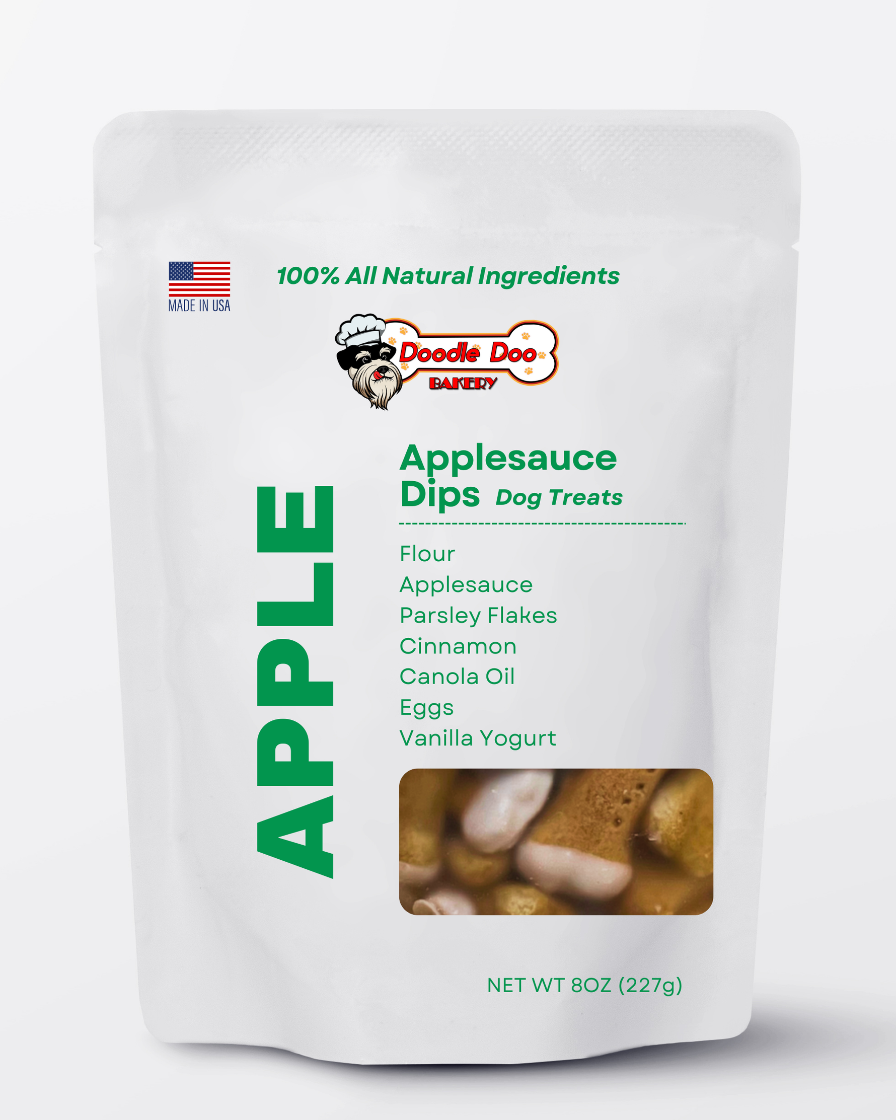 Dog treat pouch with clear window, Applesauce Dips, net 8 oz (227 g).