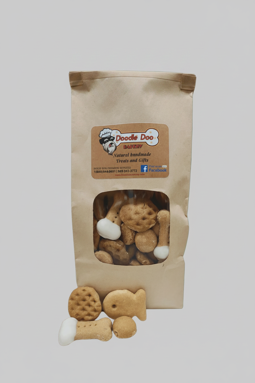 Handmade dog treat blend bag with window, showing cookies and white bones