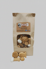 Handmade dog treat blend bag with window, showing cookies and white bones
