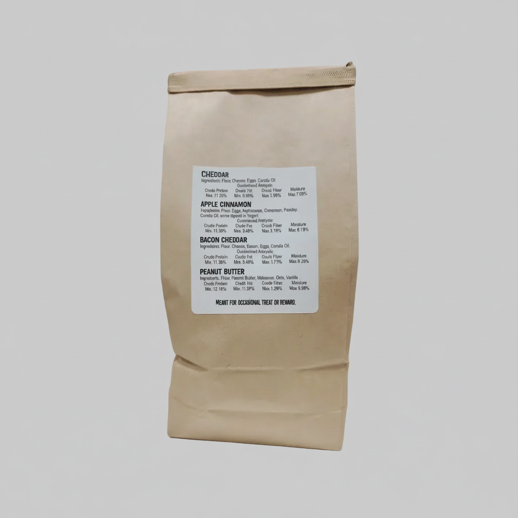 Handmade dog treat bag back label with ingredient list and barcode