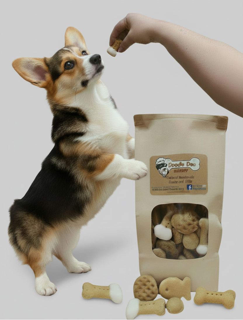 Dog sitting beside handmade dog treat bag with assorted bone cookies
