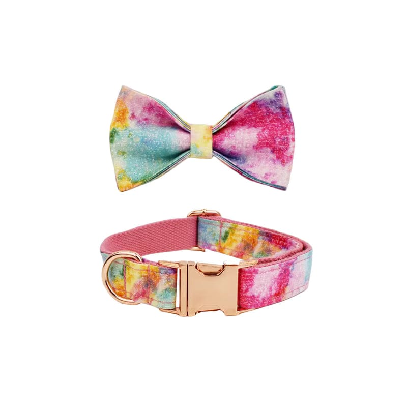 Pet bowtie and matching collar with rainbow watercolor print and rose-gold accents