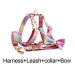 Rainbow watercolor dog harness, leash, collar, and bow tie set with rose-gold