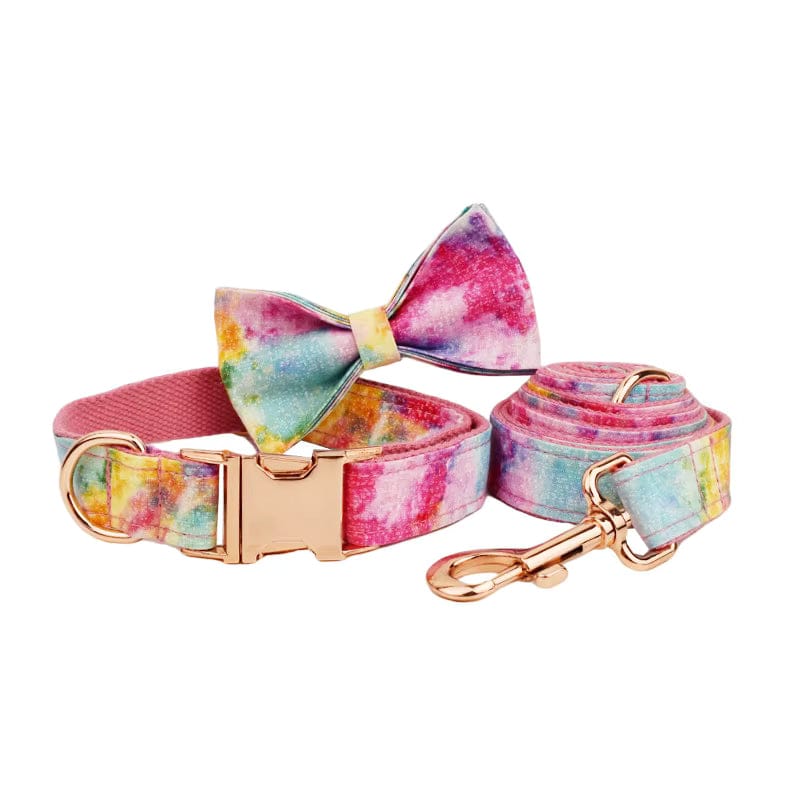 Rainbow watercolor dog collar with bow tie and matching leash set, rose-gold