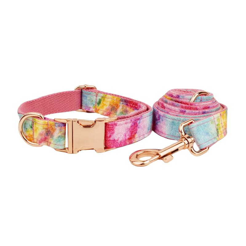 Rainbow watercolor dog collar and matching leash set with rose-gold hardware
