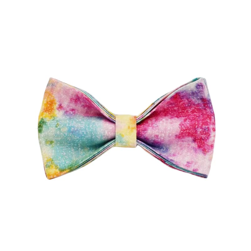 Rainbow watercolor dog bow tie with center knot and trim edging