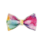 Rainbow watercolor dog bow tie with center knot and trim edging