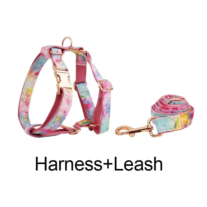 Rainbow watercolor dog harness and leash set with rose-gold metal hardware