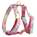 Rainbow watercolor dog harness with adjustable straps and rose-gold buckles