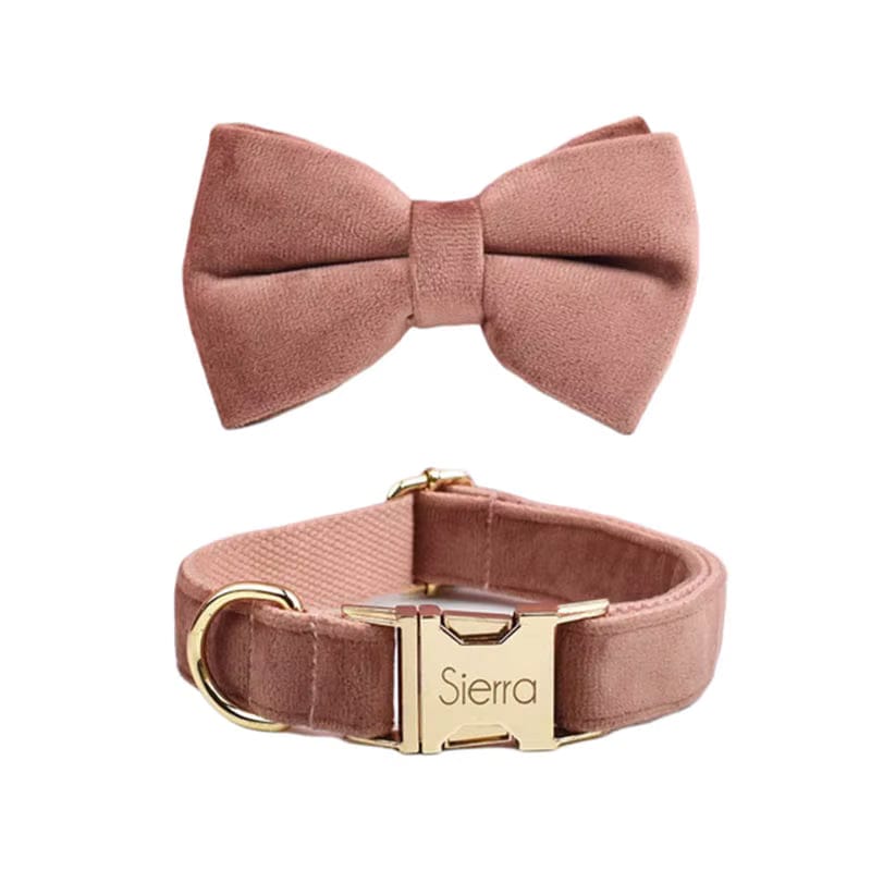 Dusty pink velvet bowtie and adjustable dog collar with engraved nameplate