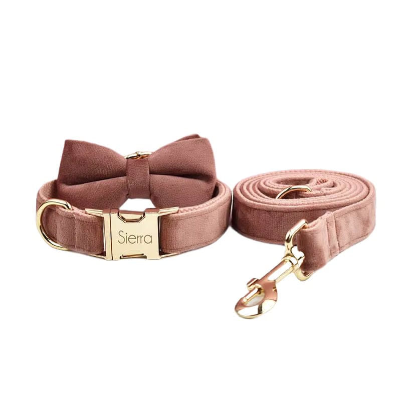 Dusty pink velvet pet collar with bow and matching leash with gold-tone clasp.