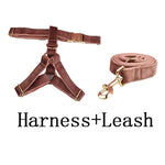 Dusty pink velvet pet harness with adjustable straps and matching leash.