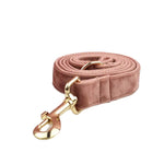 Dusty pink velvet pet leash with gold-tone trigger clasp and metal hook.