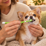 Green pet toothbrush with lime bristle head brushing a puppy’s teeth