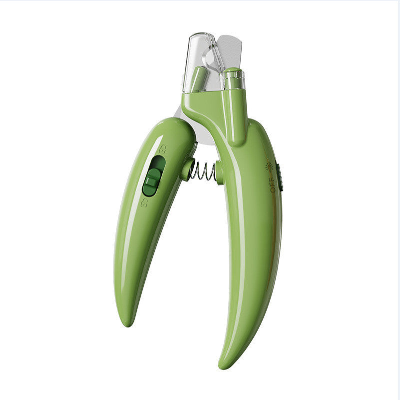 Green LED pet nail clippers with safety guard, open clamp with clear blade guard
