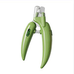 Green LED pet nail clippers with safety guard, open clamp with clear blade guard