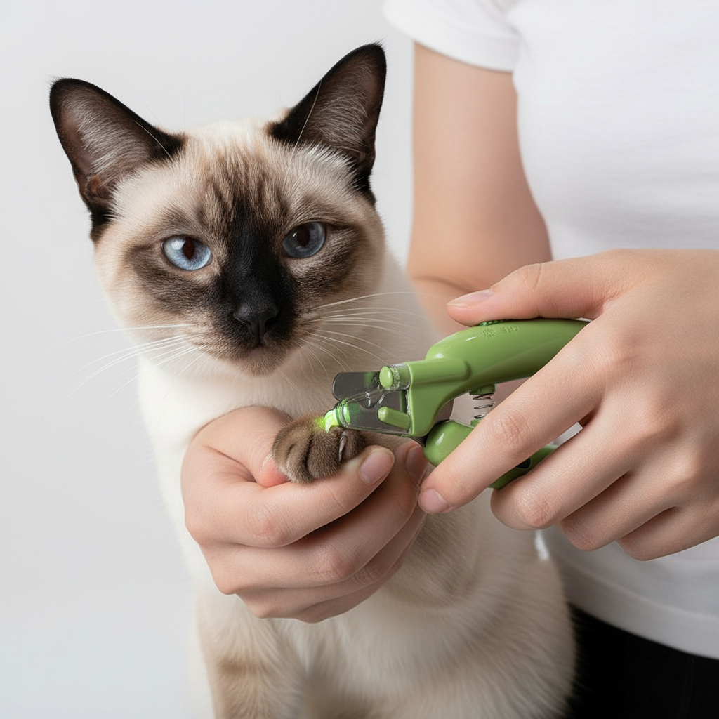 Green pet nail clippers with safety guard, held by hands near a cat paw