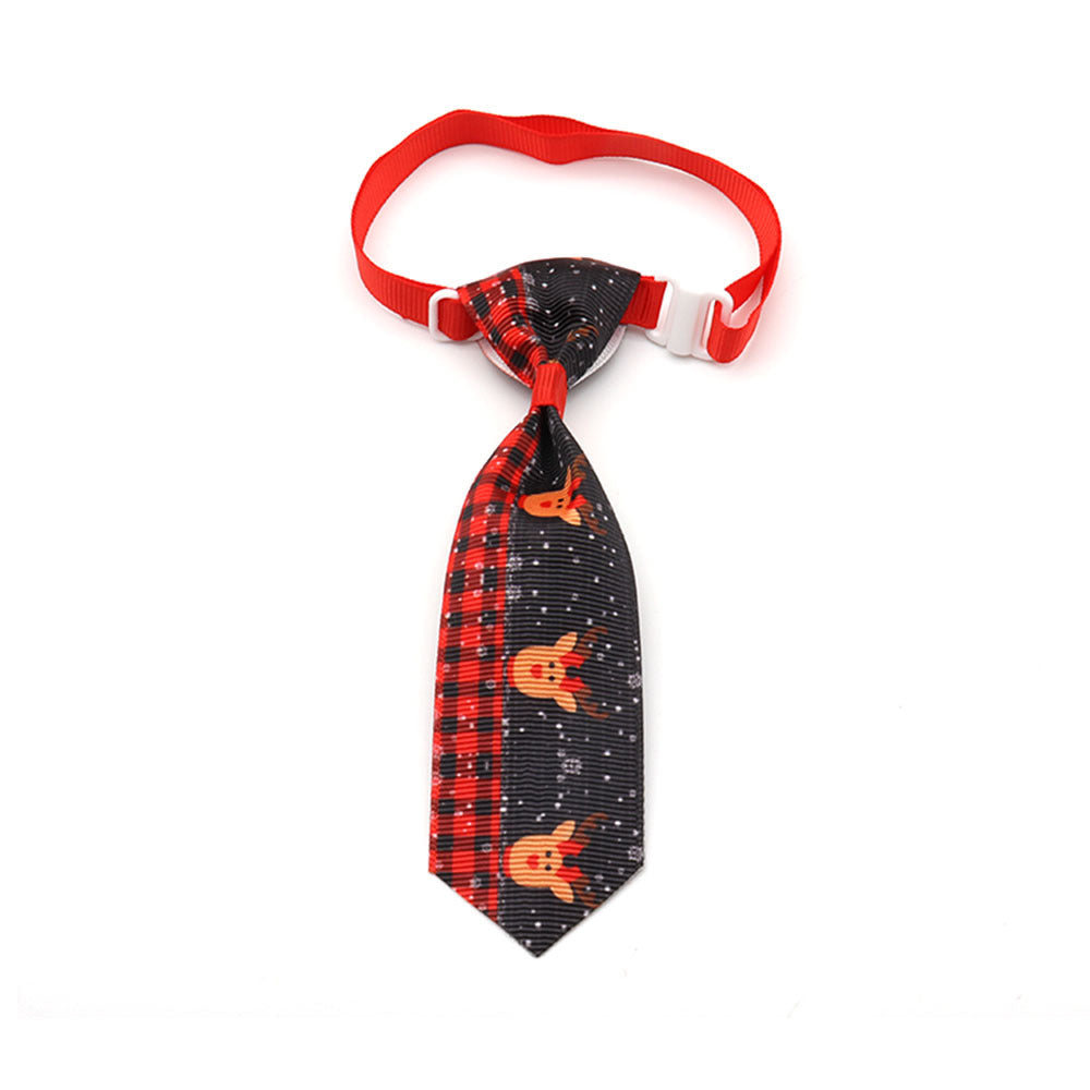 Pet bow tie with red strap and dark plaid holiday neck tie with small character motifs