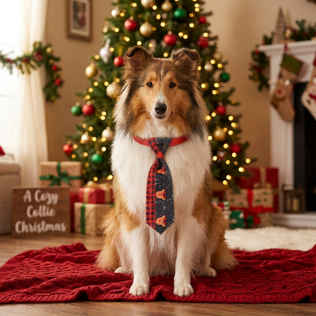 Pet Christmas necktie in dark blue plaid with reindeer motif, tied at collar.