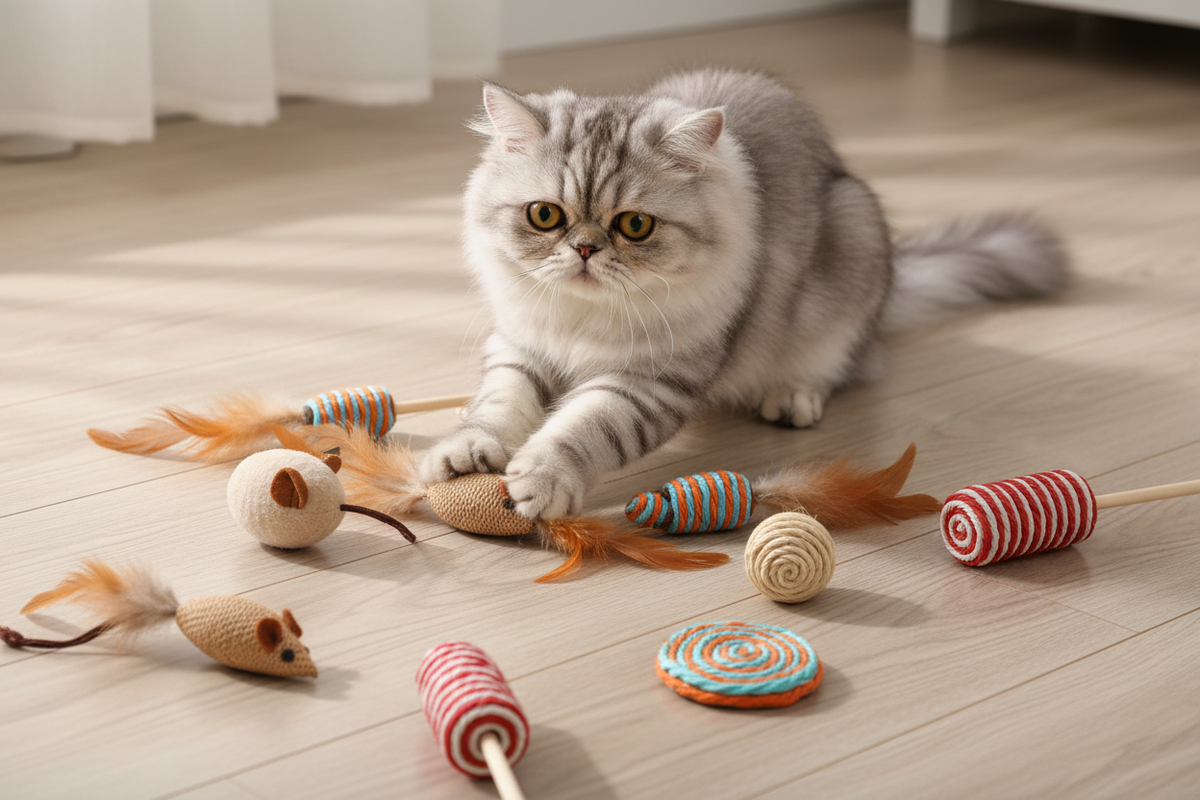 Interaktives Katzen-Spiel mit Feder-Würmern, Spiralspielzeug und kleinen Mäusen auf dem Boden