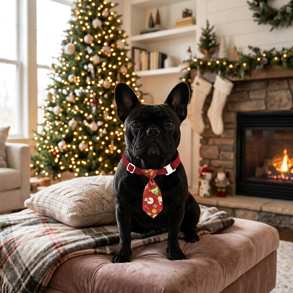 Pet Christmas necktie, red with festive character print