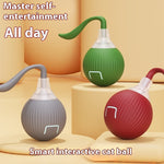 Interactive cat ball toy set with red, green, and gray bodies and clear curved nozzles