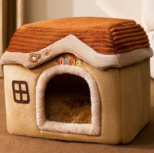 Tan enclosed pet house bed with arched door and striped plush roof cover
