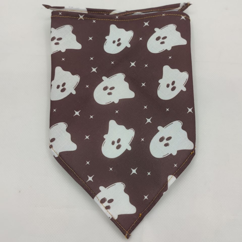Pet triangle bandana with dark maroon fabric and white ghost faces and star accents