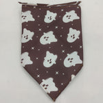 Pet triangle bandana with dark maroon fabric and white ghost faces and star accents